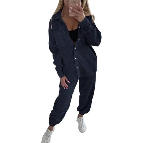 Women's Tracksuit Corduroy Long Sleeve Button Down Jacket and Pants Set
